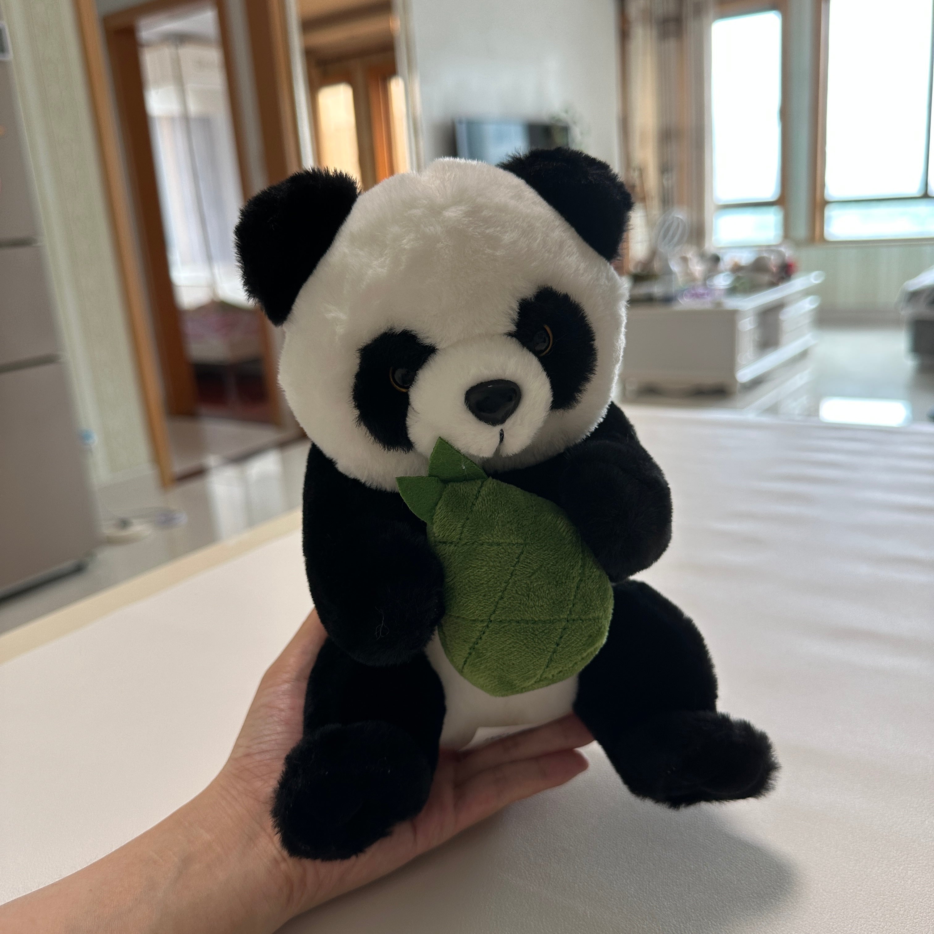 Panda Plush Toy Holding Bamboo Leaf — Soft Stuffed Animal Doll
