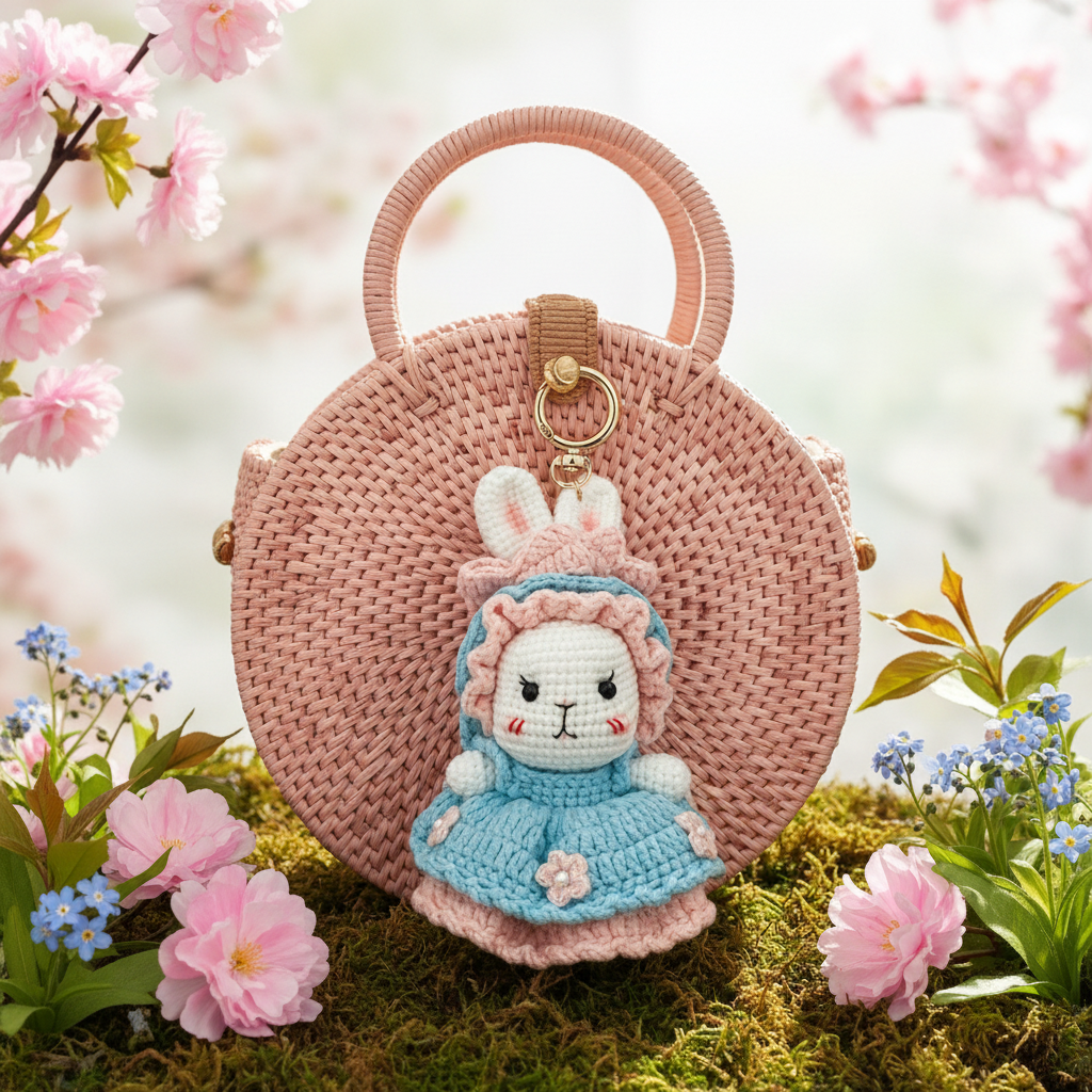 Pink Lolita Bunny Crochet Doll Amigurumi Charm | Keychain & Bag Pendant