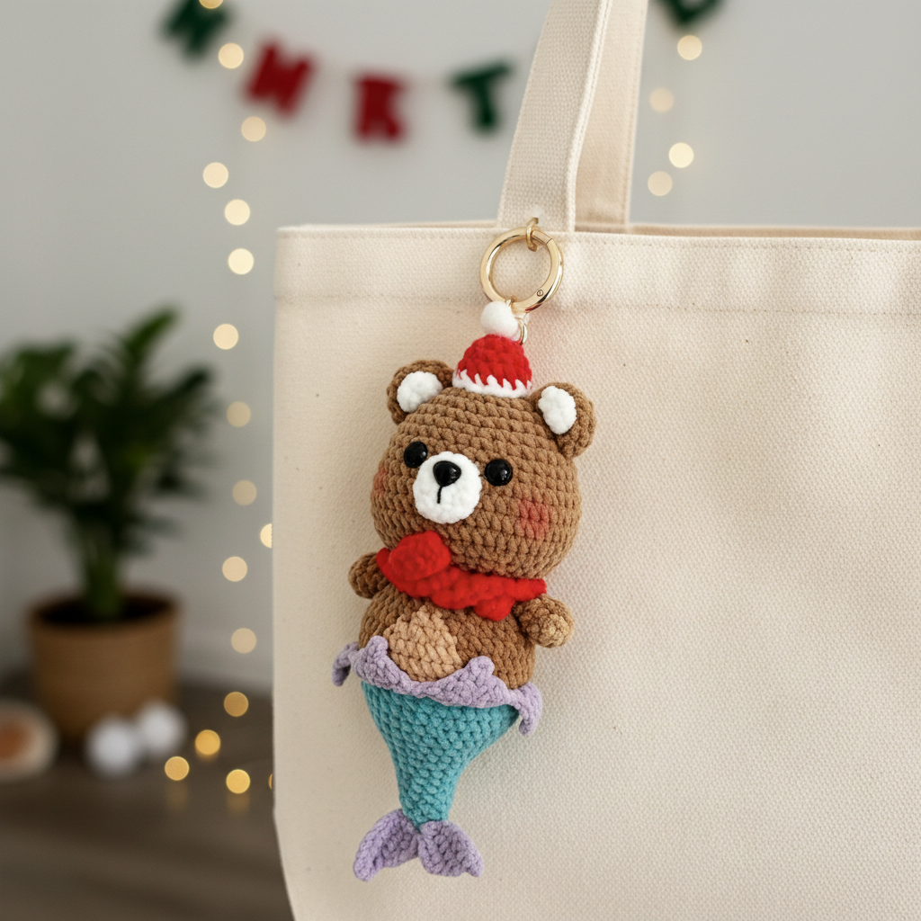 Christmas Bear Ice Cream Crochet Doll Amigurumi Charm | Keychain & Bag Pendant