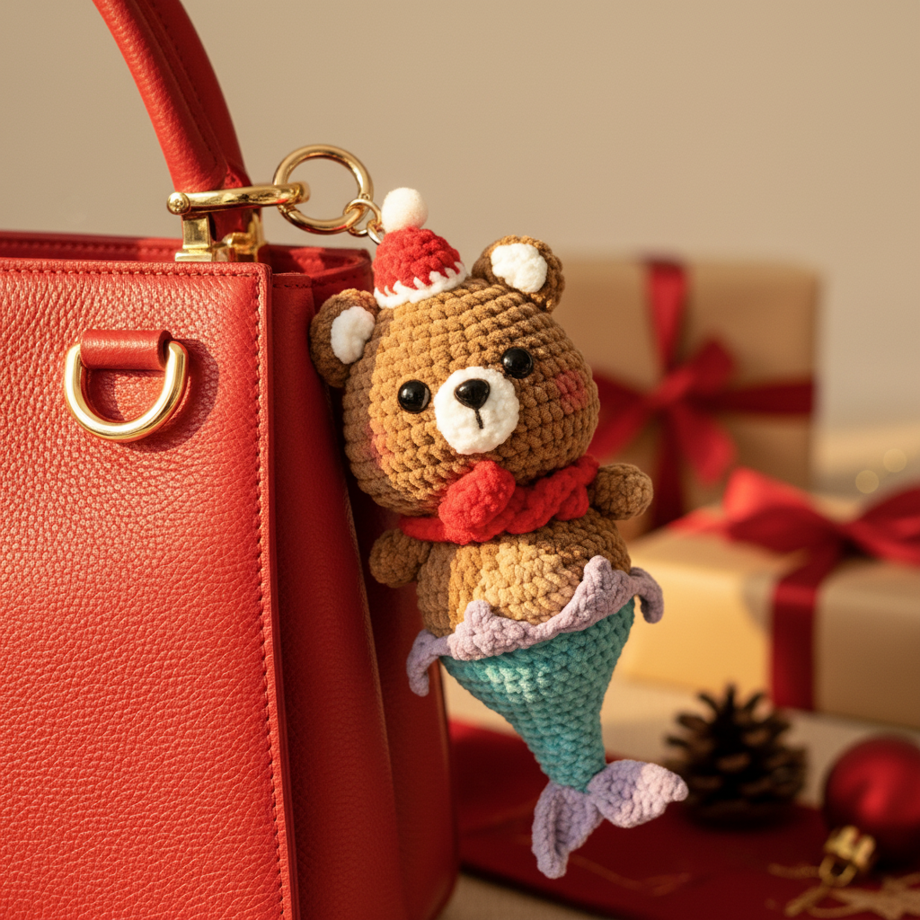 Christmas Bear Ice Cream Crochet Doll Amigurumi Charm | Keychain & Bag Pendant