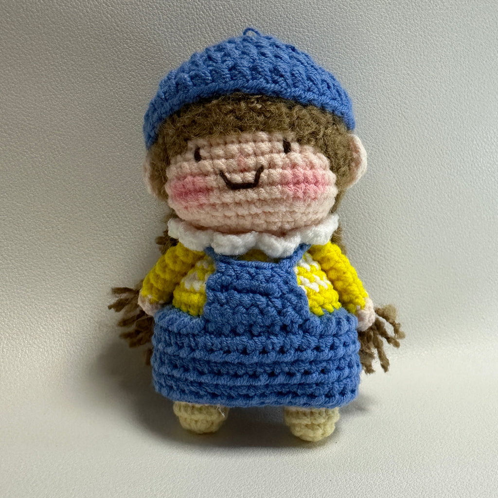 Handmade Crochet Girl Keychain – Blue Beret, Yellow Sweater & Pinafore Dress | 10cm Amigurumi Charm
