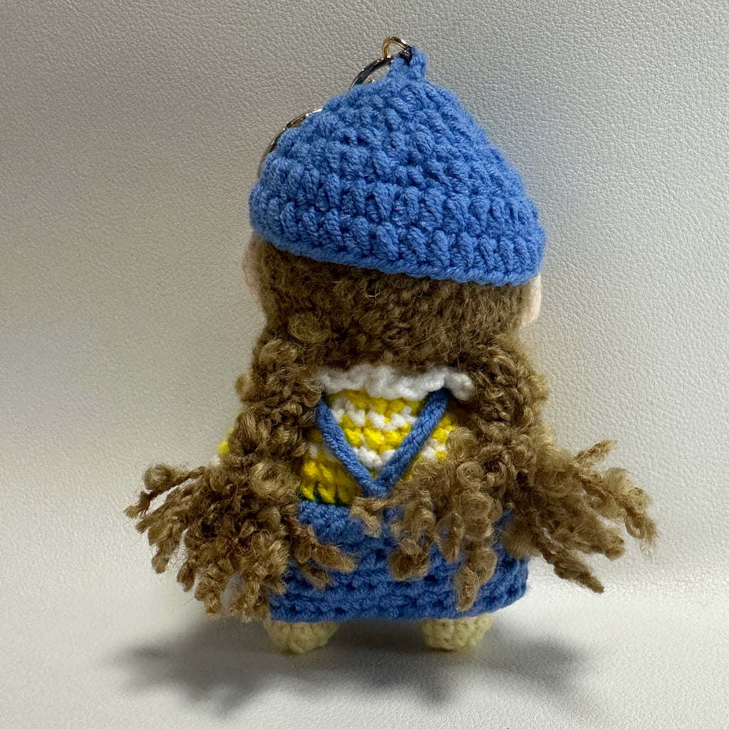 Handmade Crochet Girl Keychain – Blue Beret, Yellow Sweater & Pinafore Dress | 10cm Amigurumi Charm