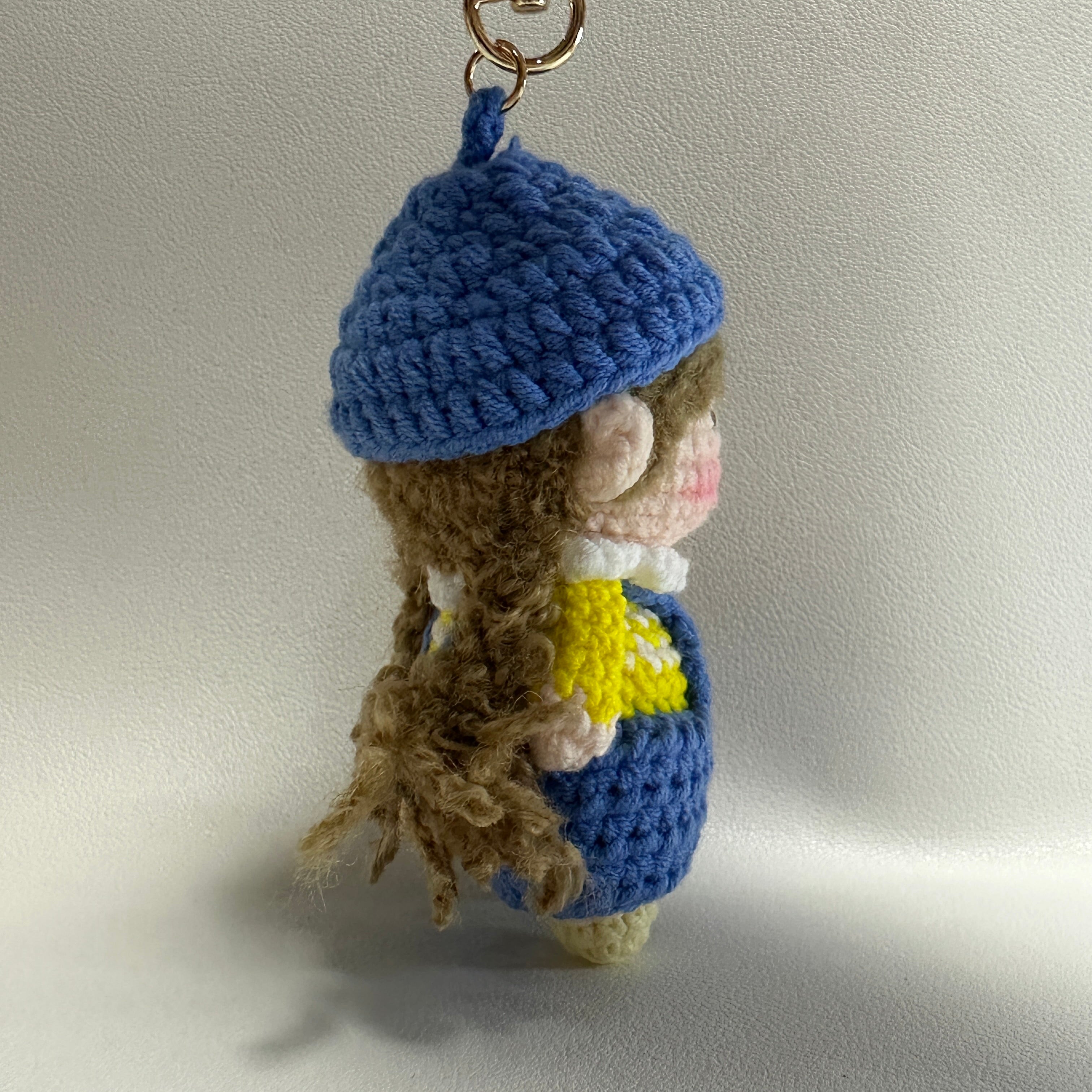 Handmade Crochet Girl Keychain – Blue Beret, Yellow Sweater & Pinafore Dress | 10cm Amigurumi Charm