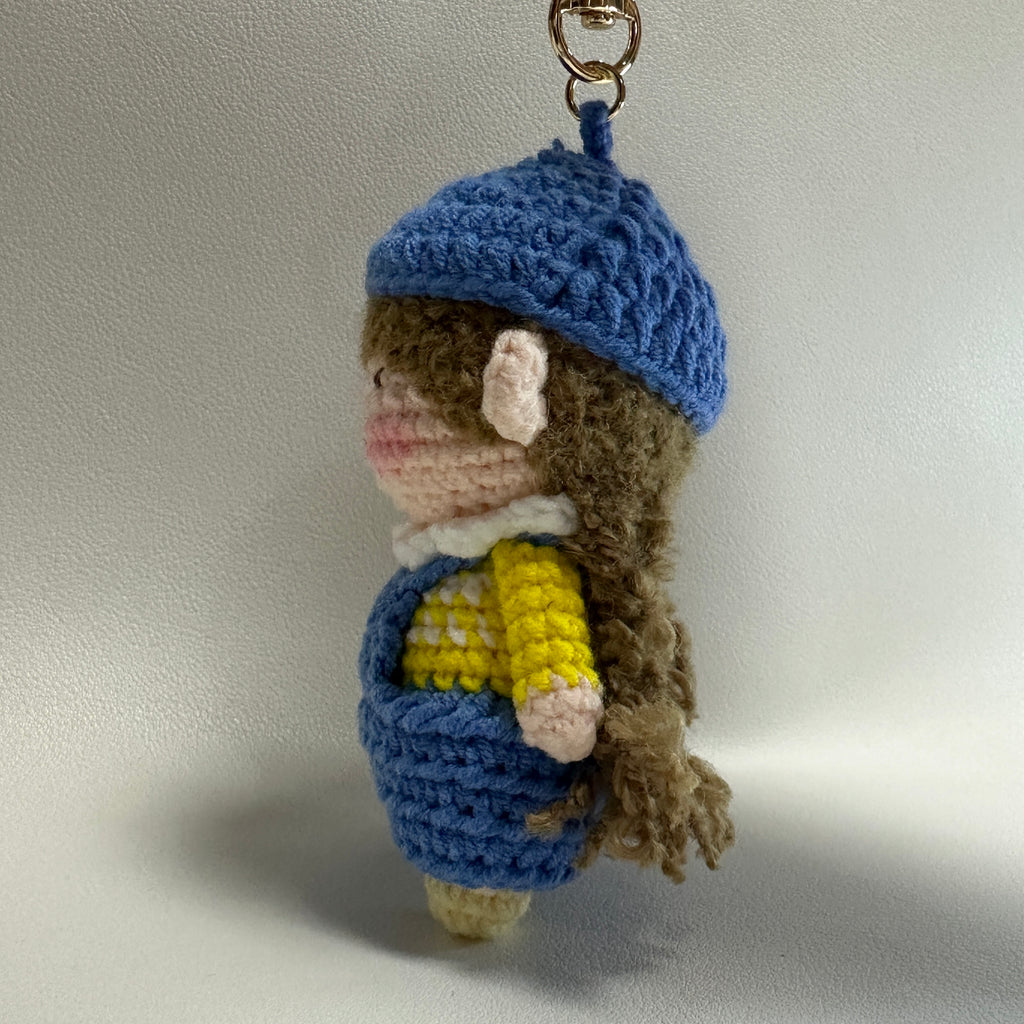Handmade Crochet Girl Keychain – Blue Beret, Yellow Sweater & Pinafore Dress | 10cm Amigurumi Charm