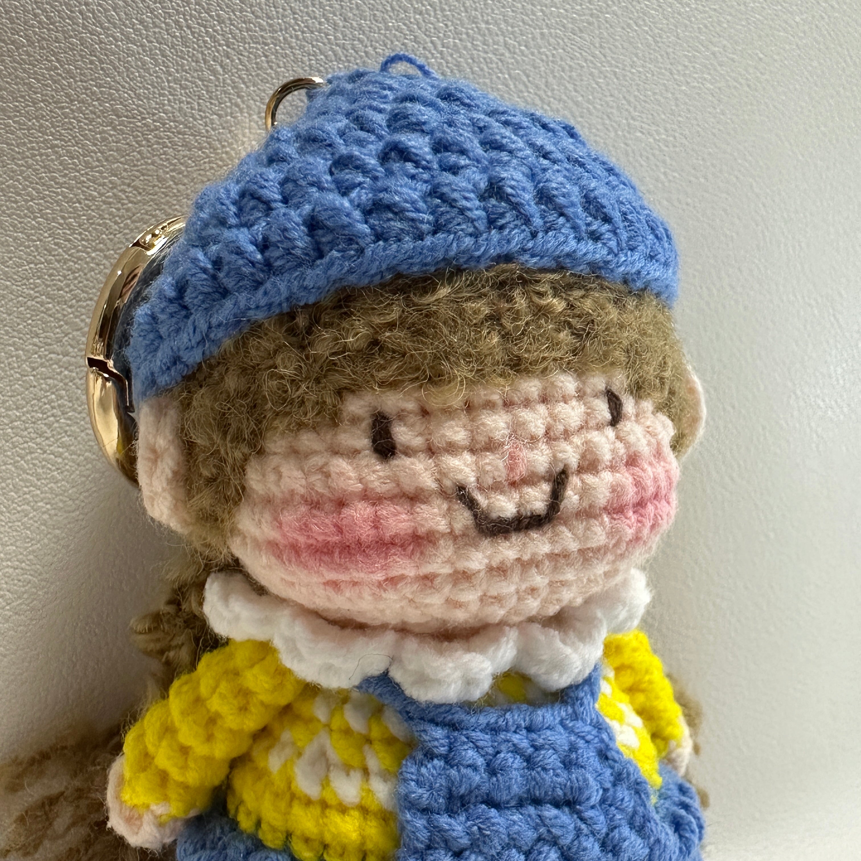 Handmade Crochet Girl Keychain – Blue Beret, Yellow Sweater & Pinafore Dress | 10cm Amigurumi Charm