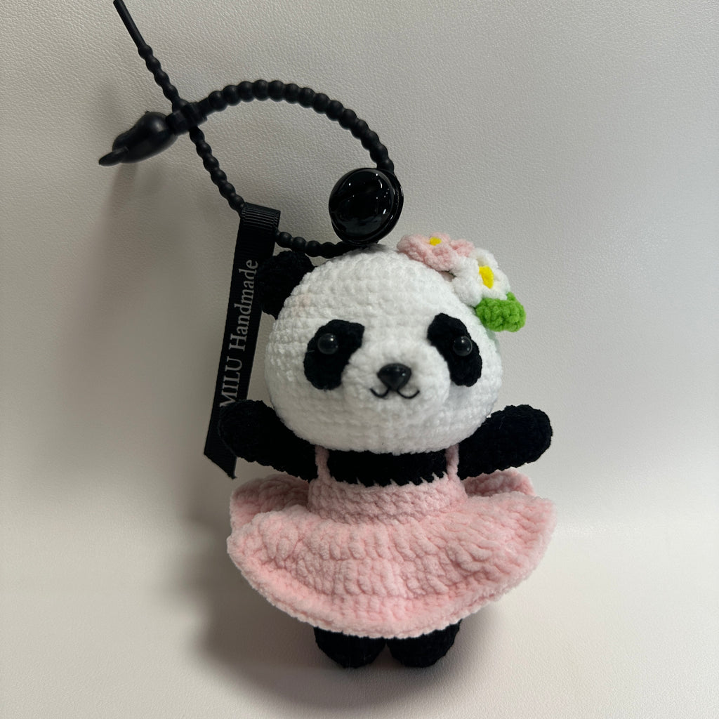 Handmade Crochet Panda Keychain – Pink Ballet Dress & Daisy Crown | 13cm Amigurumi Charm