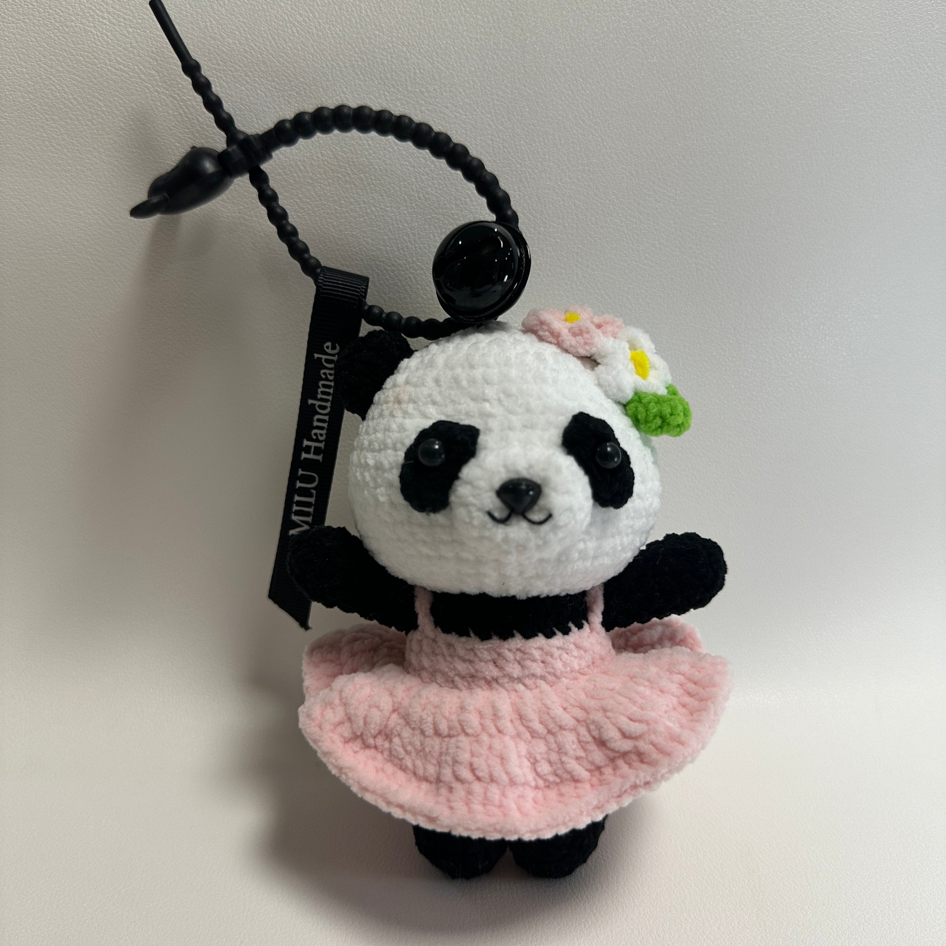 Handmade Crochet Panda Keychain – Pink Ballet Dress & Daisy Crown | 13cm Amigurumi Charm