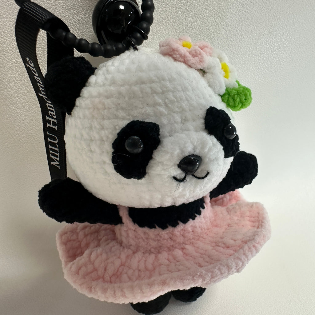Handmade Crochet Panda Keychain – Pink Ballet Dress & Daisy Crown | 13cm Amigurumi Charm