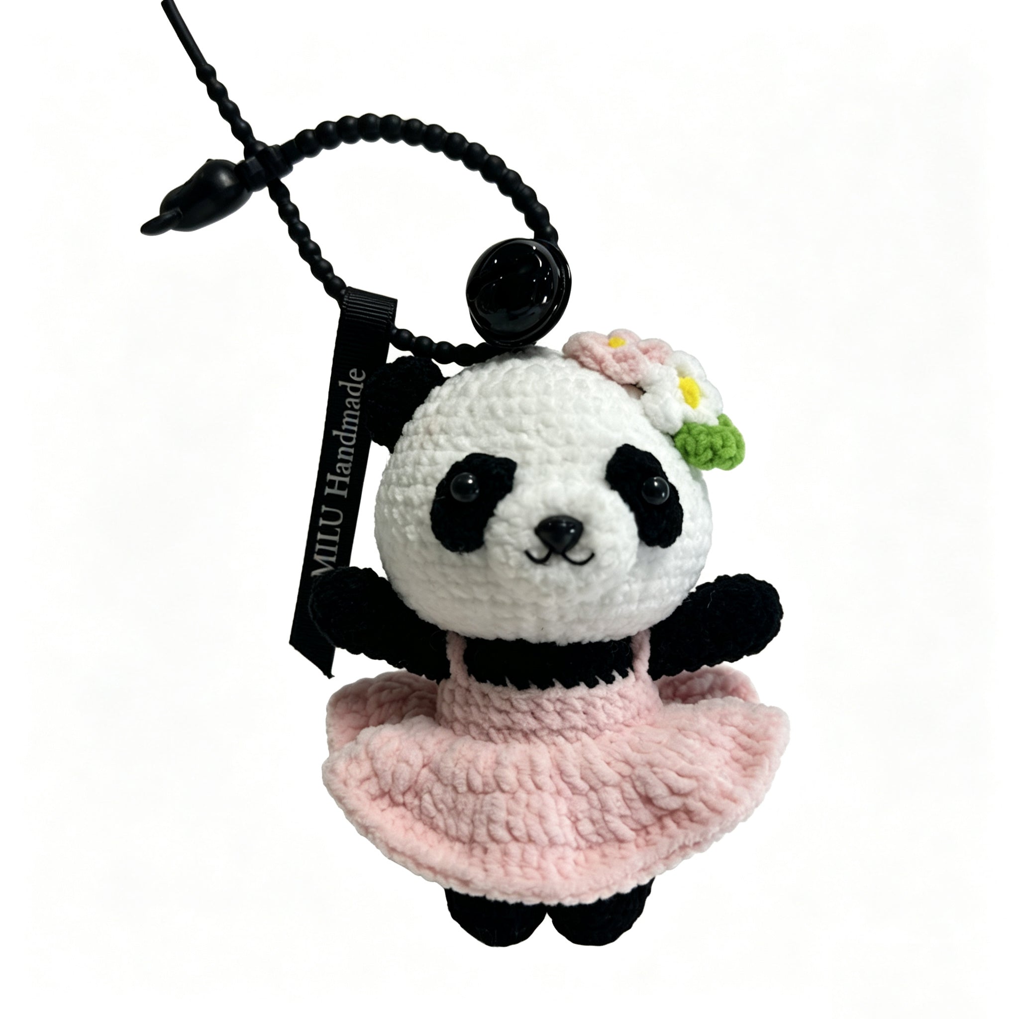 Handmade Crochet Panda Keychain – Pink Ballet Dress & Daisy Crown | 13cm Amigurumi Charm