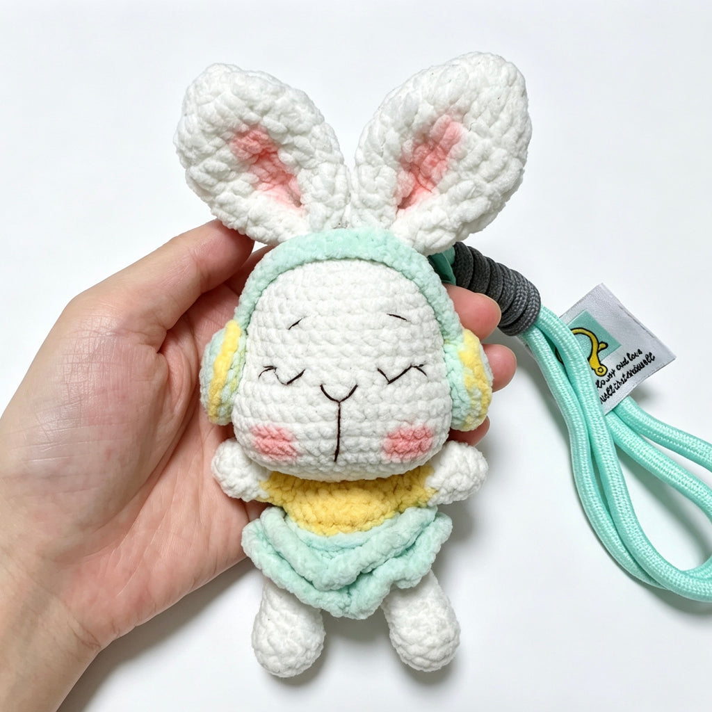 Headphone Bunny Amigurumi Charm — Handmade Crochet Keychain Doll
