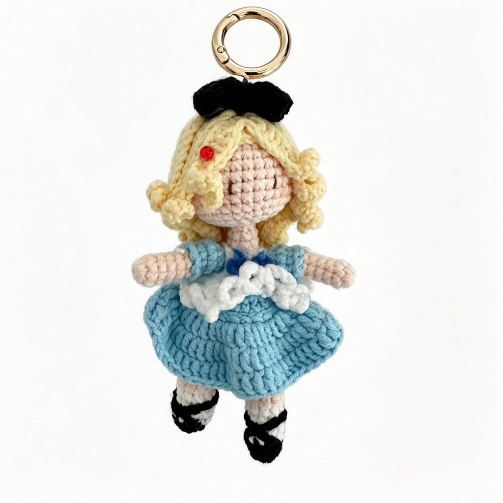 Blonde Girl in Blue Dress Crochet Doll Amigurumi Charm | Keychain & Bag Pendant