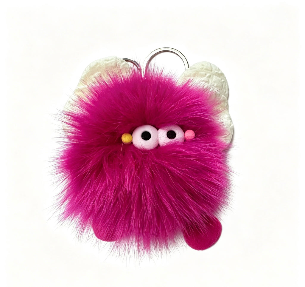White Bow Fuzzy Monster — Faux Fox Fur Berry Bag Charm 🎀💖