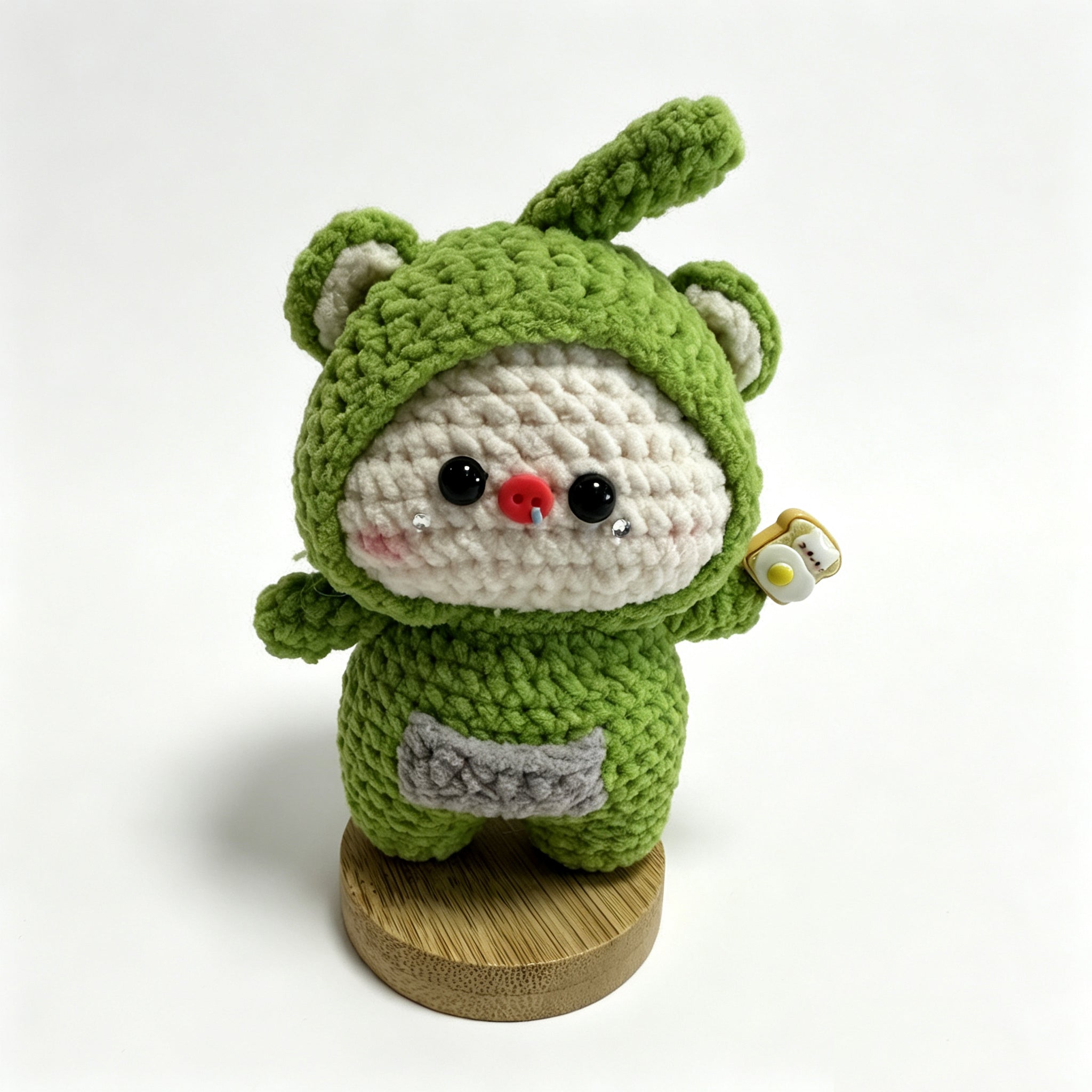 Handmade Crochet Bear Plush – Green Frog Hoodie Doll | 12cm Amigurumi