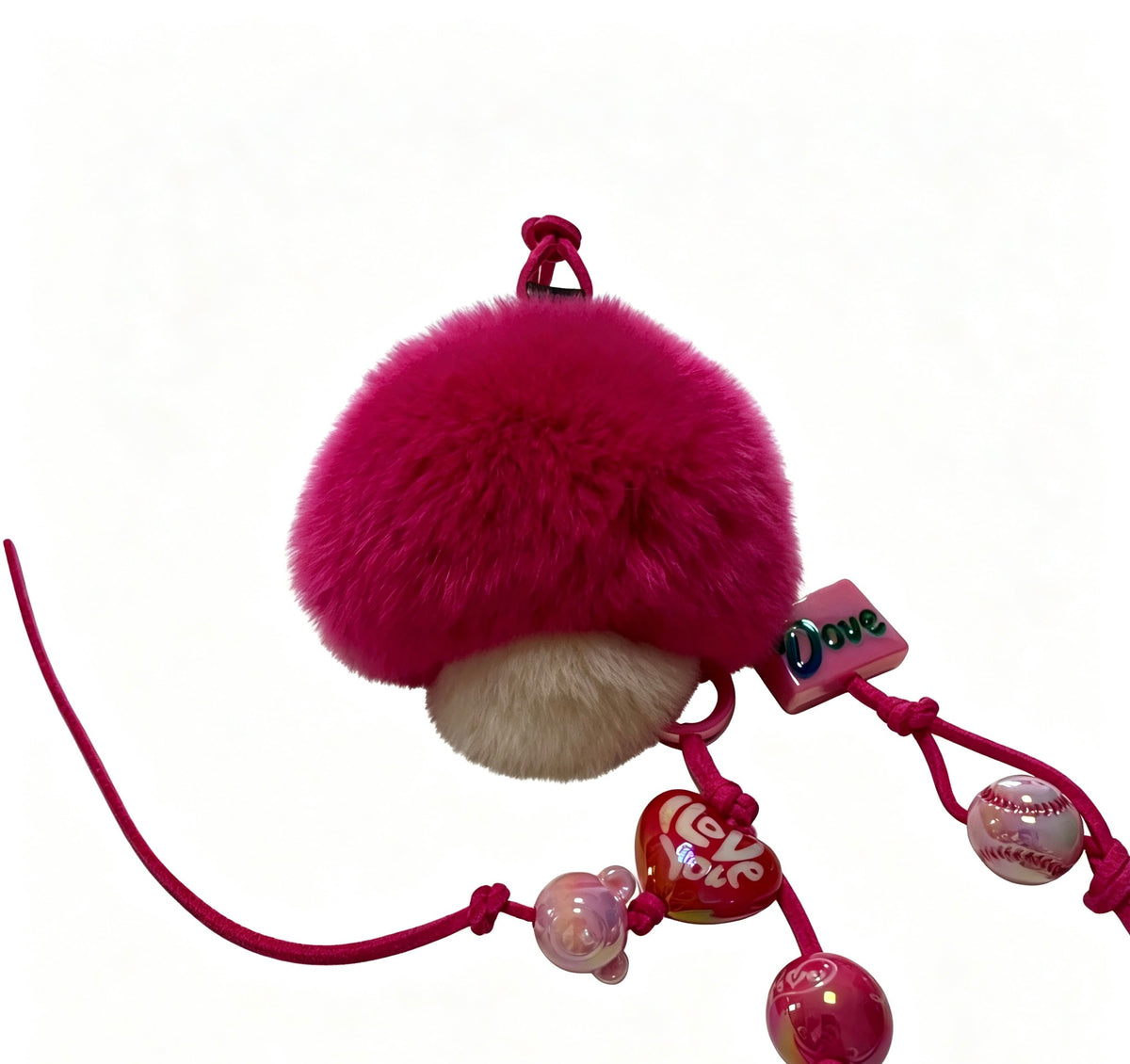Fluffy Pink Mushroom — Velvet Rex Rabbit Fur Beaded Charm 🍄💖