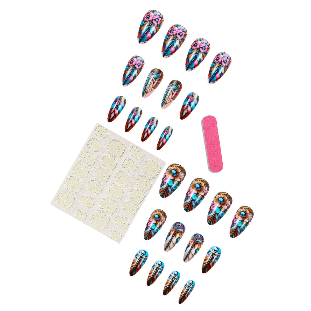 Retro Feather Press On Nails - Colorful Butterfly Design with Glue