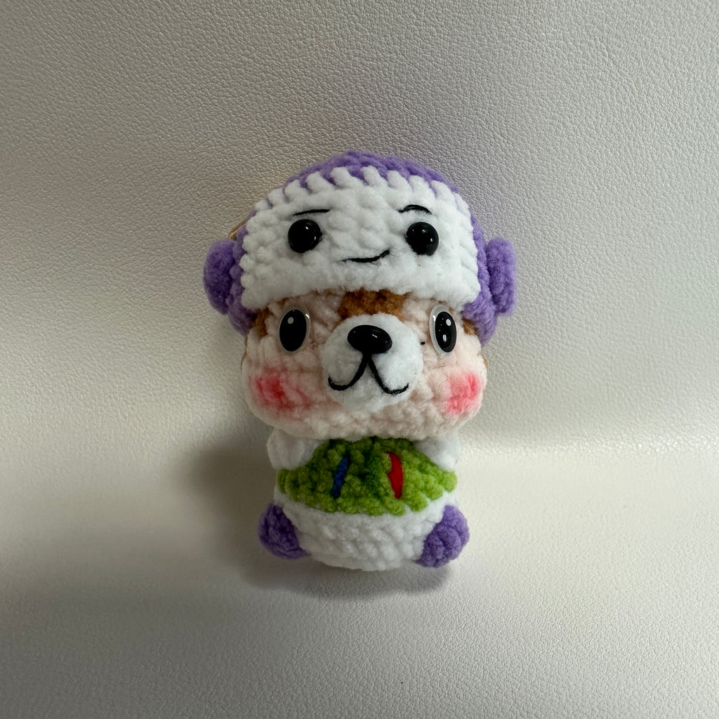 Handmade Crochet Bear-in-Bear Keychain – Purple Bear Hat & Rainbow Scarf | 7cm Amigurumi Charm