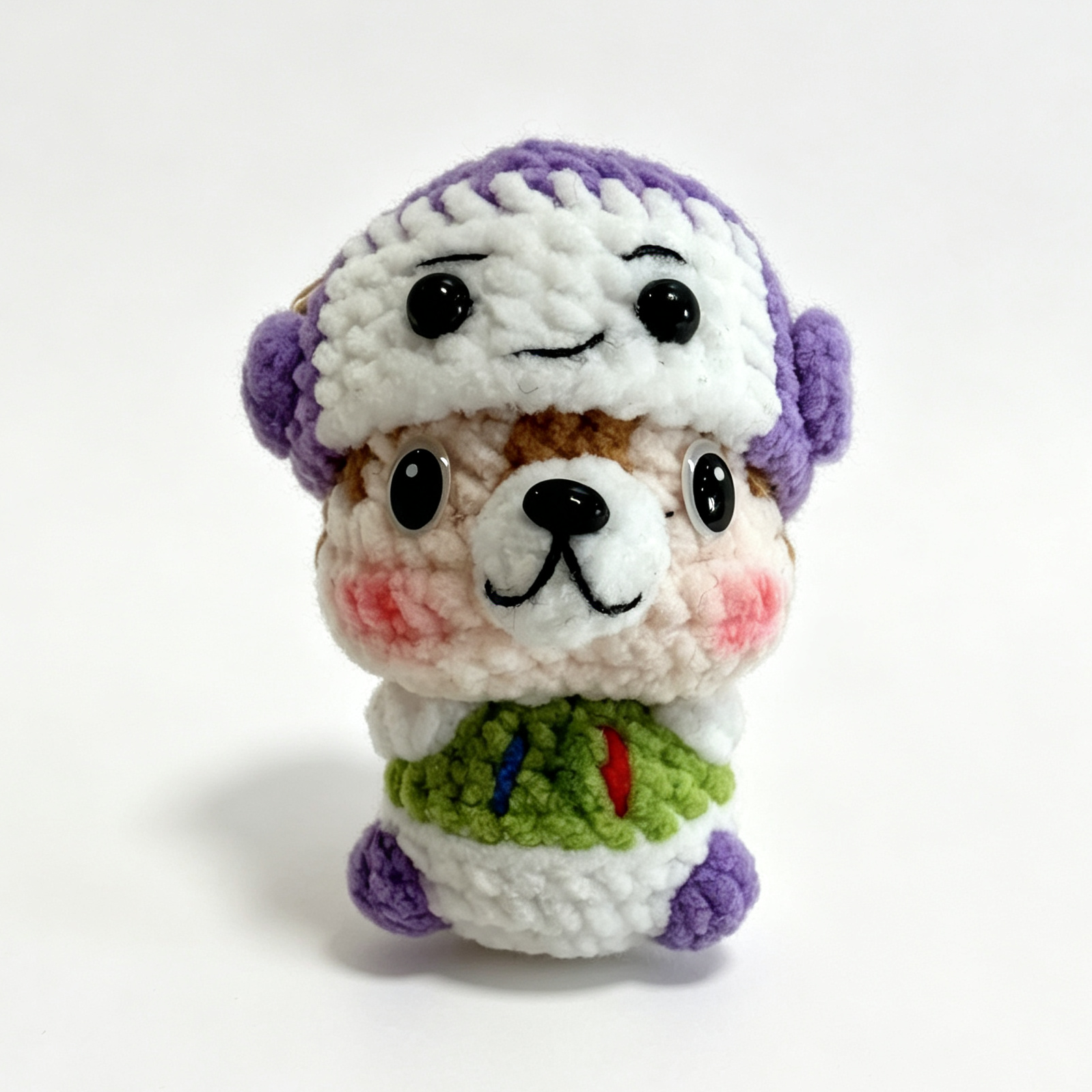 Handmade Crochet Bear-in-Bear Keychain – Purple Bear Hat & Rainbow Scarf | 7cm Amigurumi Charm