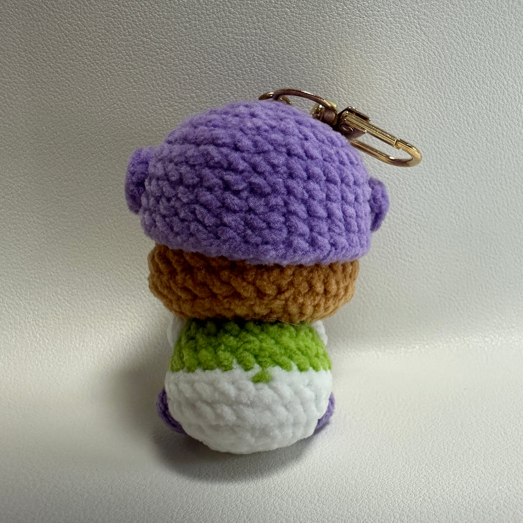 Handmade Crochet Bear-in-Bear Keychain – Purple Bear Hat & Rainbow Scarf | 7cm Amigurumi Charm