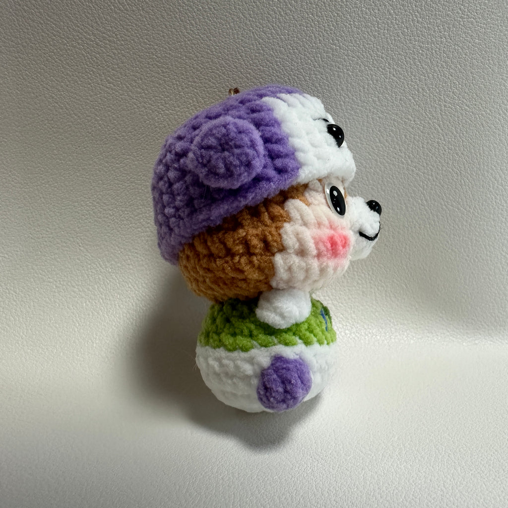 Handmade Crochet Bear-in-Bear Keychain – Purple Bear Hat & Rainbow Scarf | 7cm Amigurumi Charm