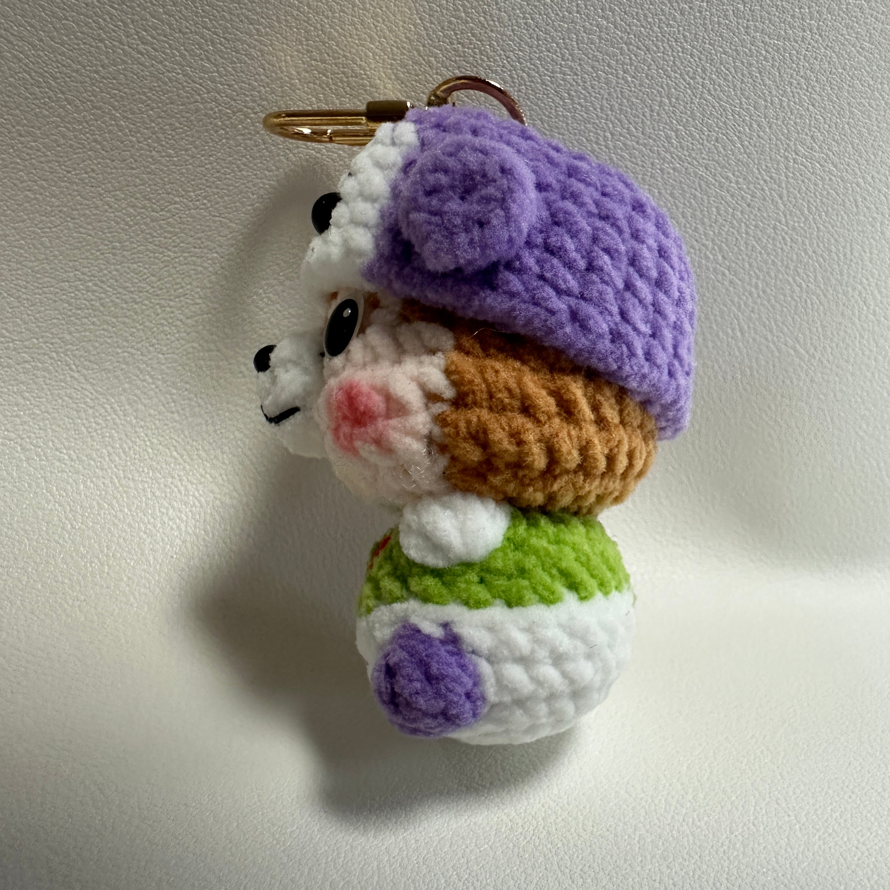 Handmade Crochet Bear-in-Bear Keychain – Purple Bear Hat & Rainbow Scarf | 7cm Amigurumi Charm