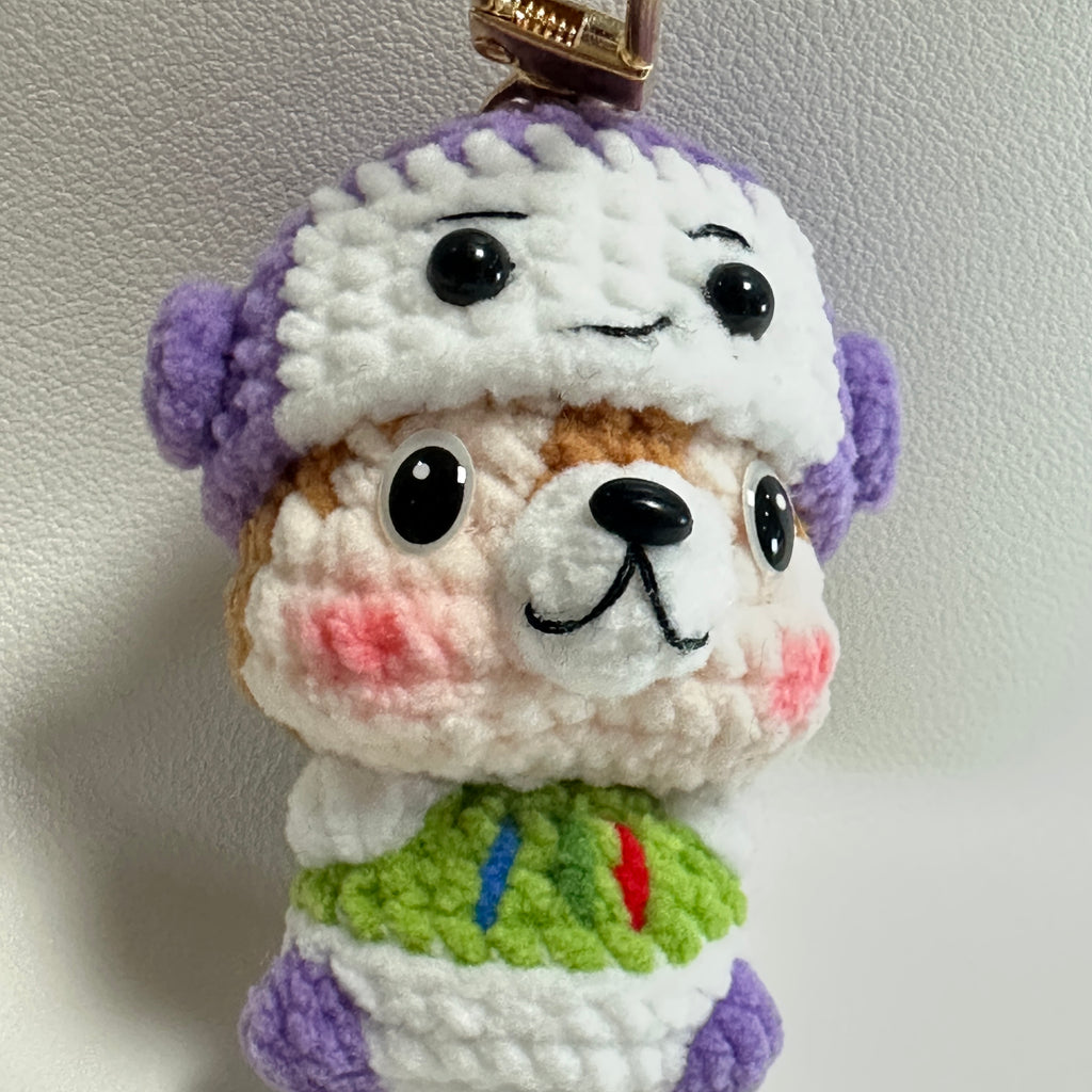 Handmade Crochet Bear-in-Bear Keychain – Purple Bear Hat & Rainbow Scarf | 7cm Amigurumi Charm