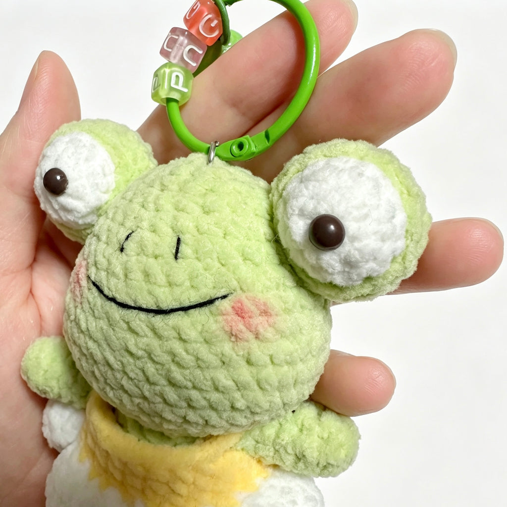 Cheerful Green Frog Charm — Chenille Amigurumi Keychain 🐸🔔