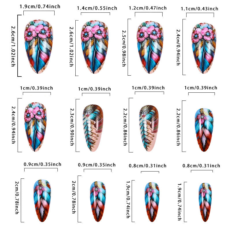 Retro Feather Press On Nails - Colorful Butterfly Design with Glue
