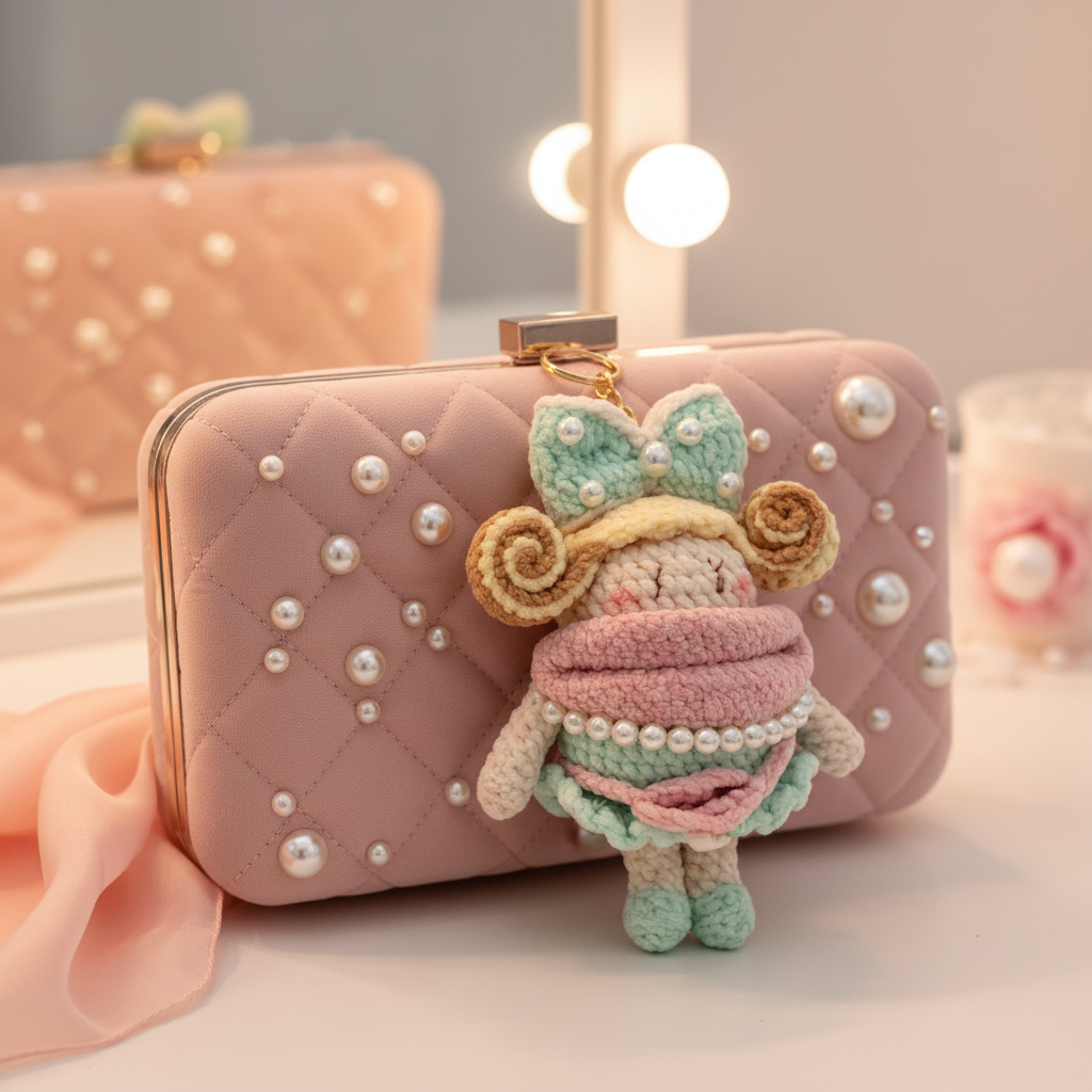 Handmade Crochet Pearl Bow Girl Doll Amigurumi Charm