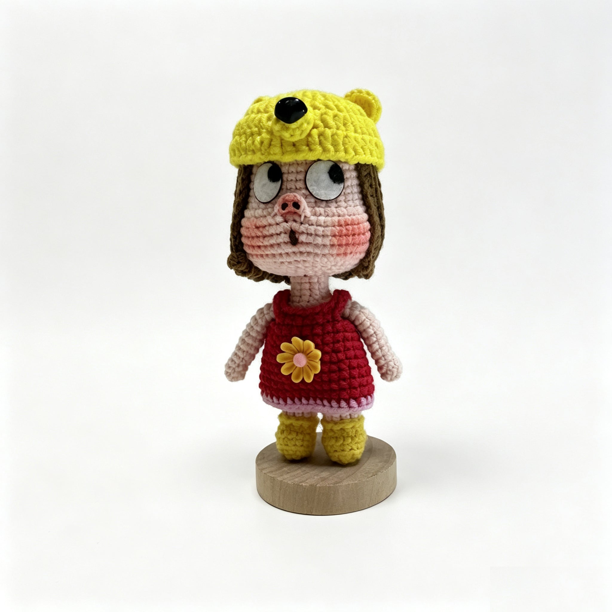 Handmade Crochet Pig Girl Doll – Removable Yellow Fish Hat | 12cm Amigurumi