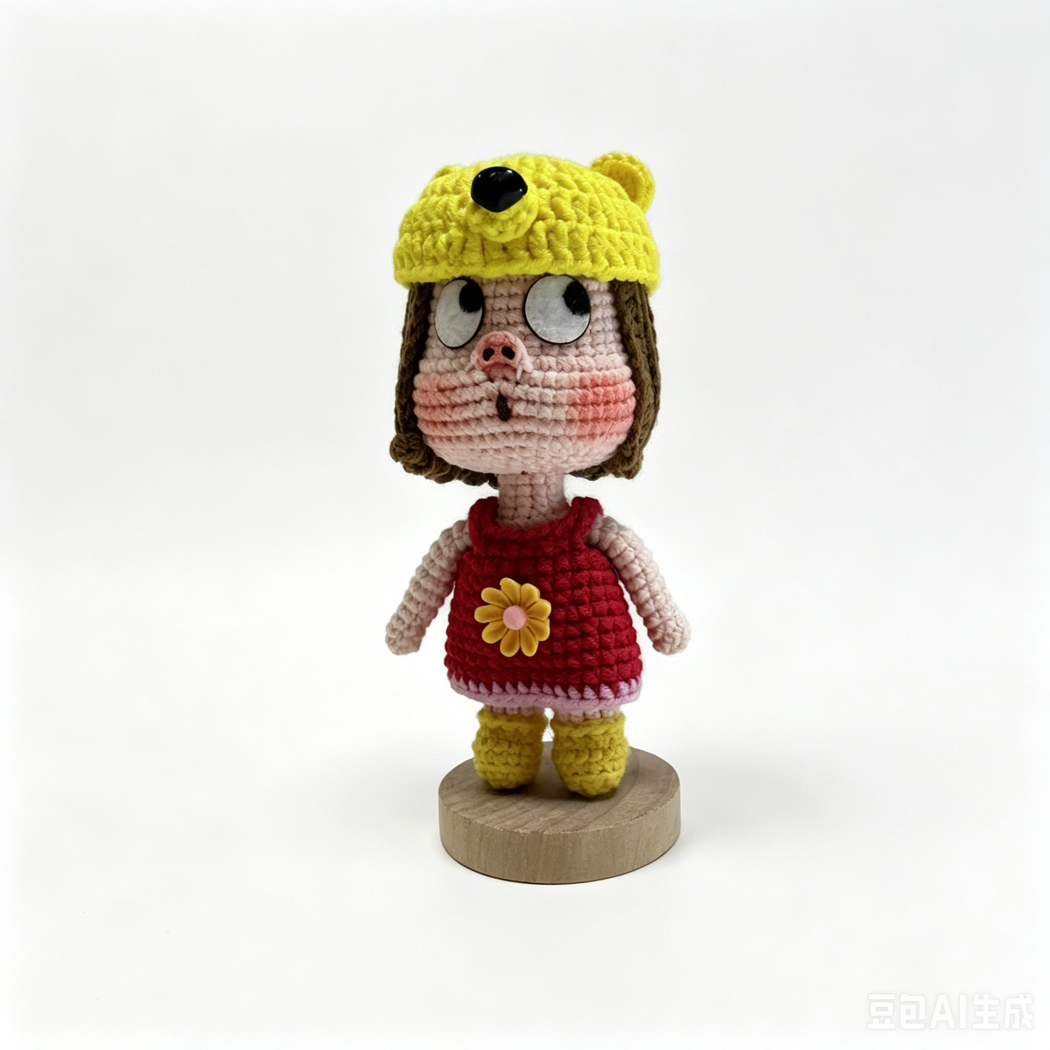 Handmade Crochet Pig Girl Doll – Removable Yellow Fish Hat | 12cm Amigurumi