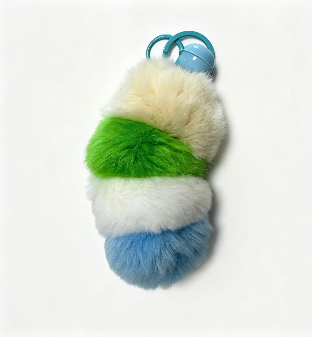 Fluffy Striped Caterpillar — Rex Rabbit Fur Bag Charm 🐛💚
