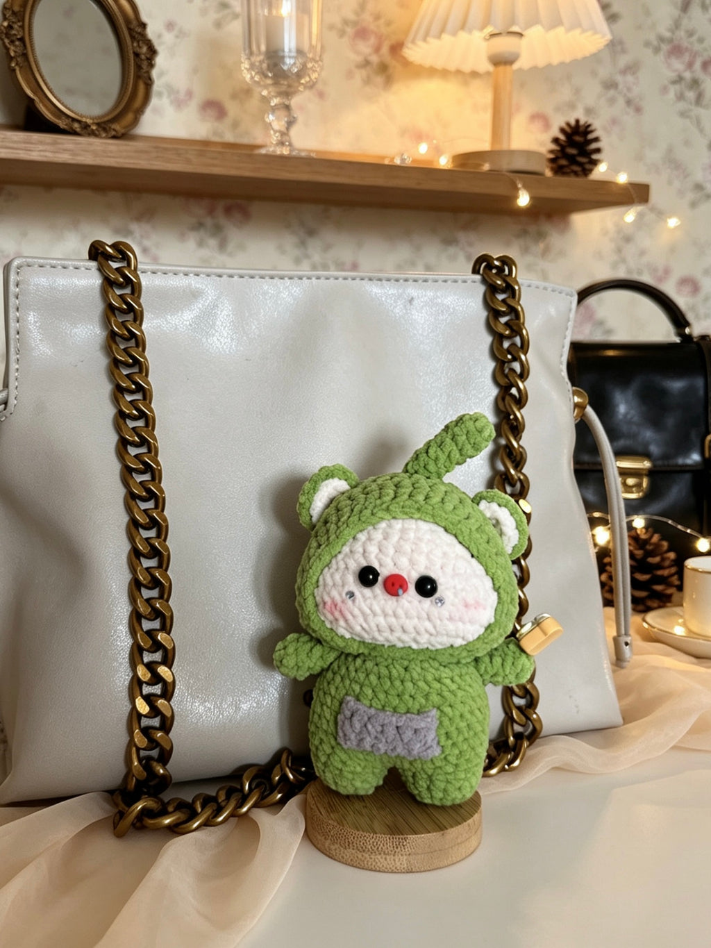 Handmade Crochet Bear Plush – Green Frog Hoodie Doll | 12cm Amigurumi