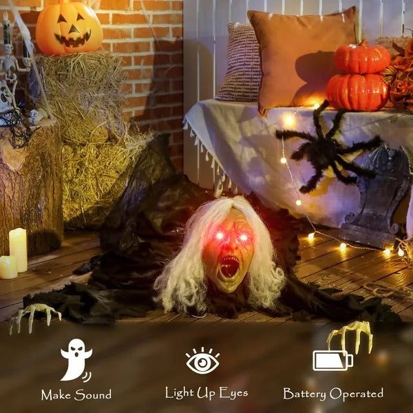 72 Life Size Halloween Animated Crawling Zombie With Glowing LED Eyes, Battery Operated, Indoor Outdoor Party Props