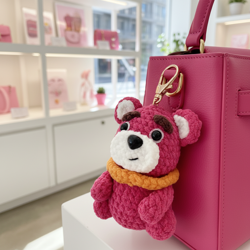 Handmade Crochet Pink Bear Amigurumi Charm