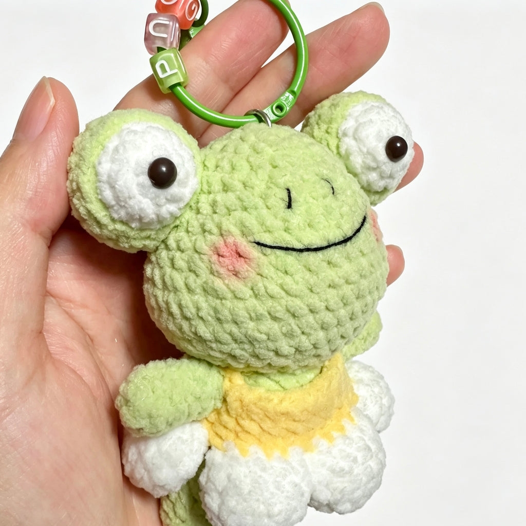 Cheerful Green Frog Charm — Chenille Amigurumi Keychain 🐸🔔