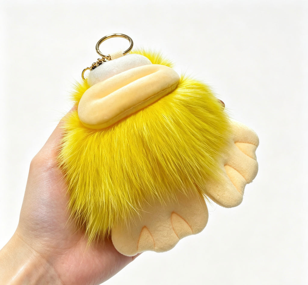 Sunny Smiley Big-Foot Monster — Fluffy Fur Ball Bag Charm ☀️💛