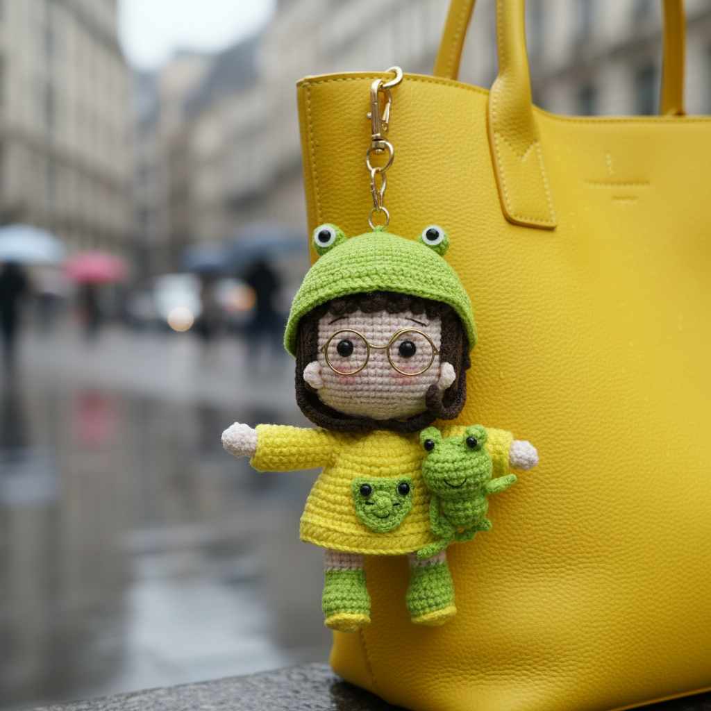 Handmade Crochet Frog Girl Keychain – Gold Glasses, Yellow Raincoat & Mini Frog Buddy | Amigurumi Charm