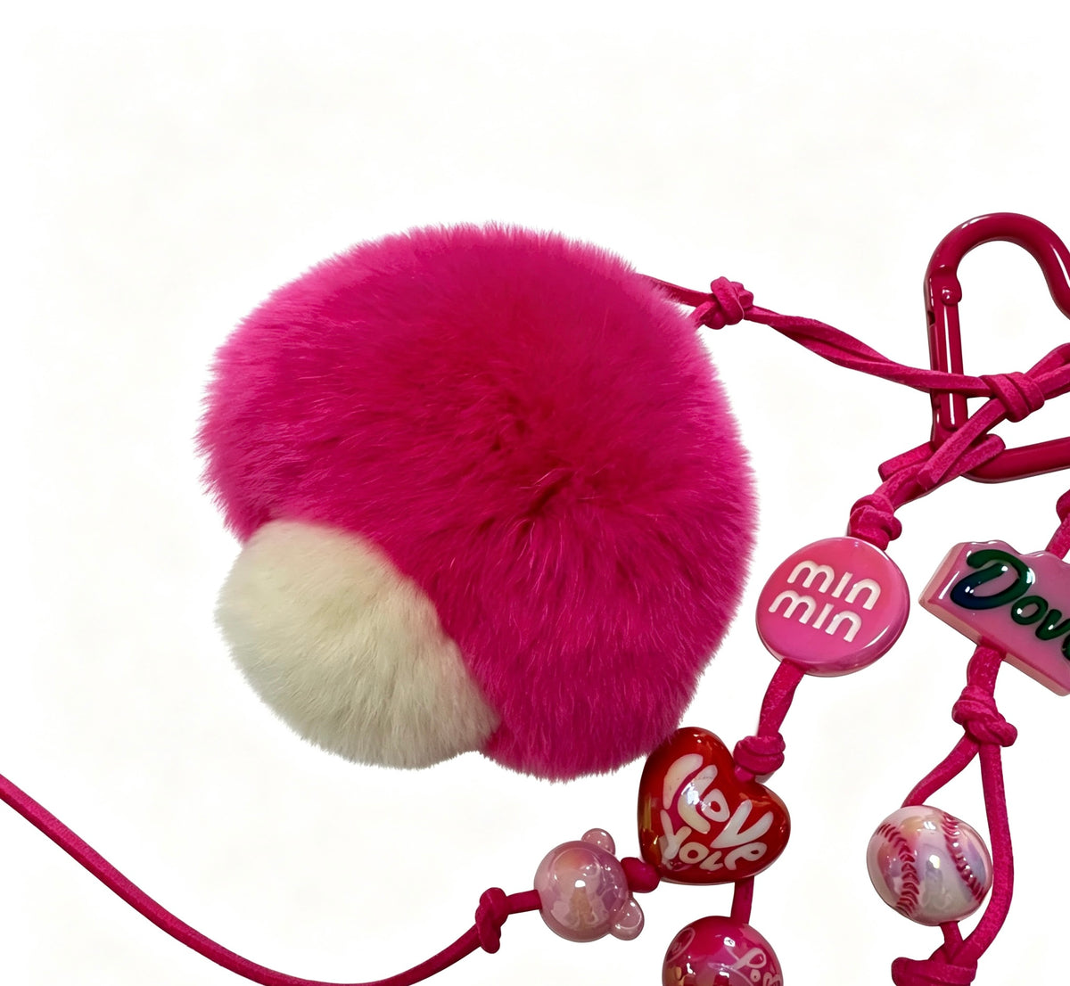 Fluffy Pink Mushroom — Velvet Rex Rabbit Fur Beaded Charm 🍄💖