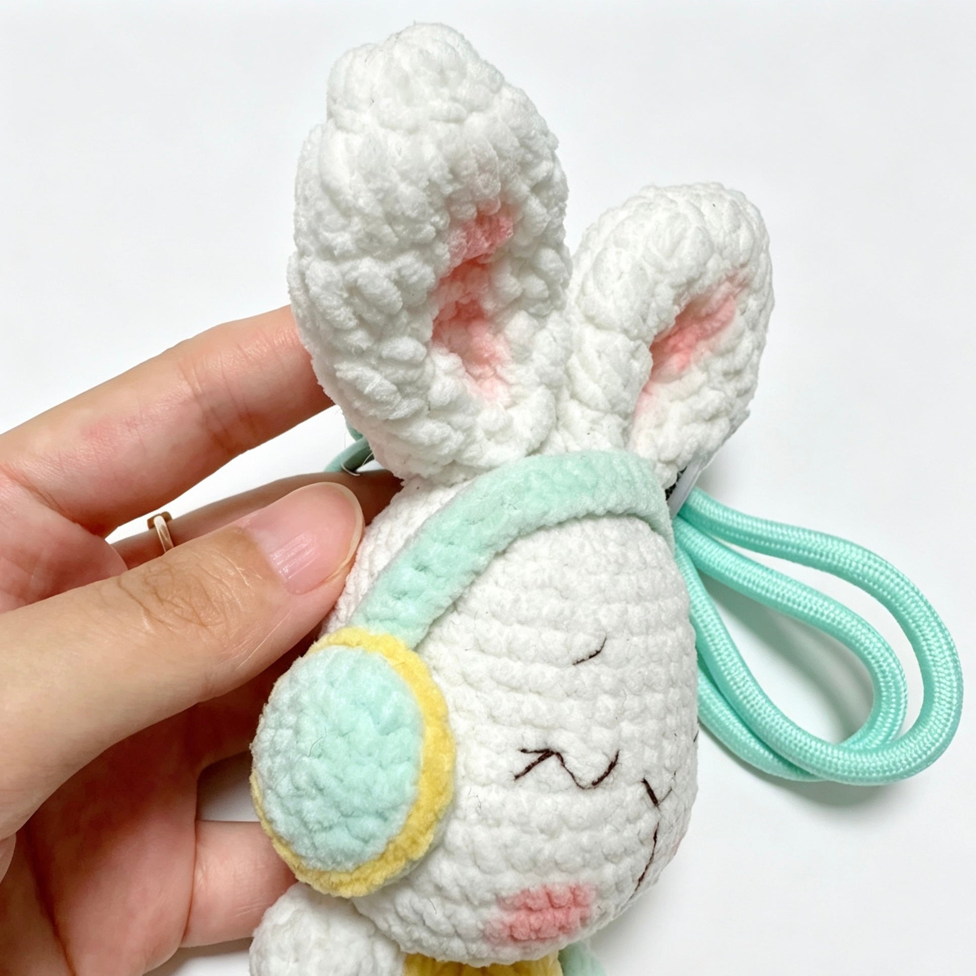 Headphone Bunny Amigurumi Charm — Handmade Crochet Keychain Doll