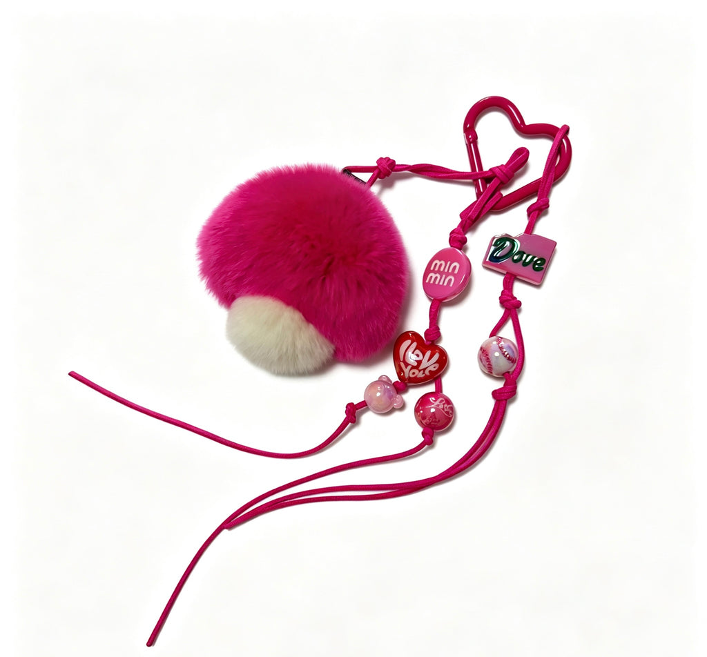 Fluffy Pink Mushroom — Velvet Rex Rabbit Fur Beaded Charm 🍄💖