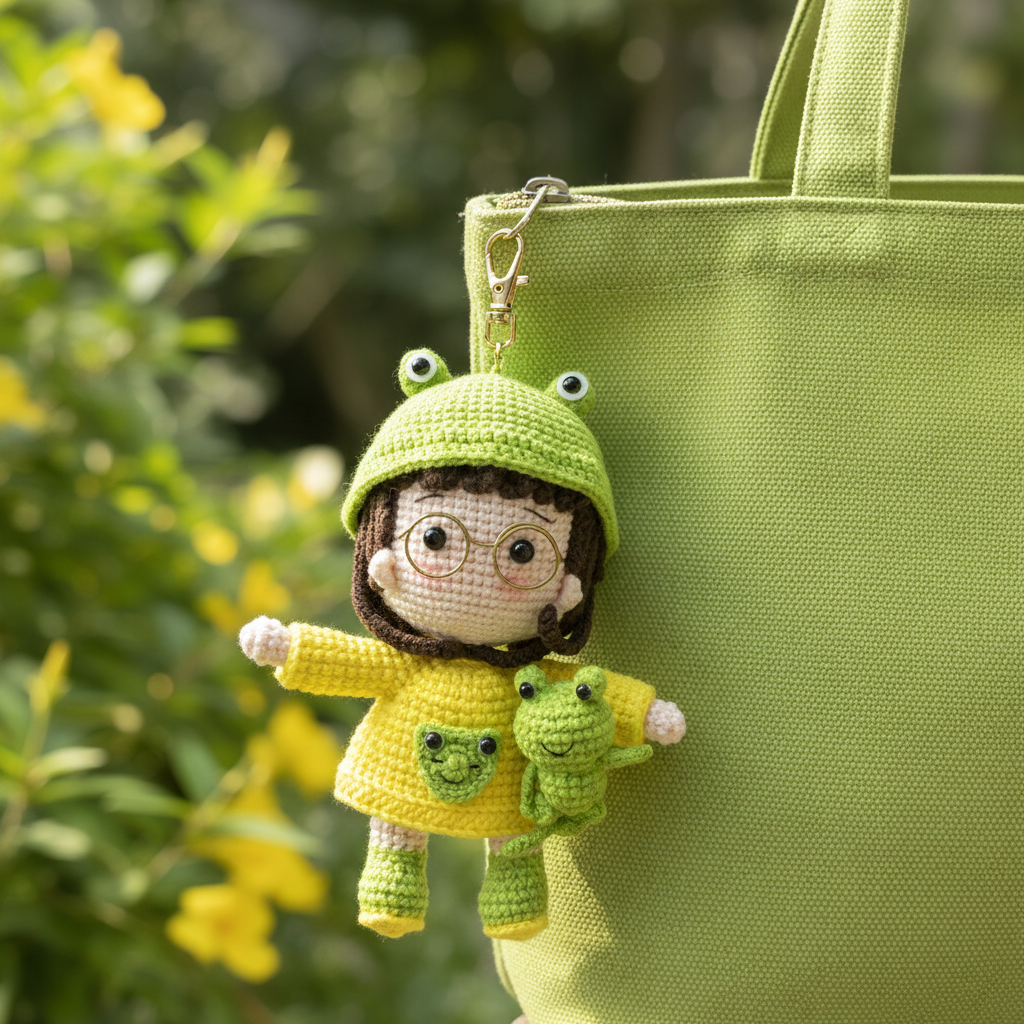 Handmade Crochet Frog Girl Keychain – Gold Glasses, Yellow Raincoat & Mini Frog Buddy | Amigurumi Charm