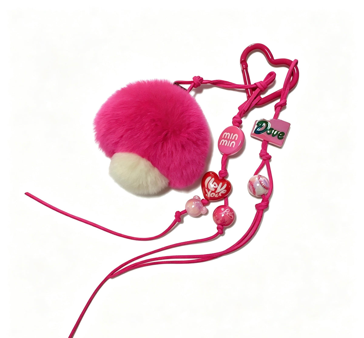Fluffy Pink Mushroom — Velvet Rex Rabbit Fur Beaded Charm 🍄💖