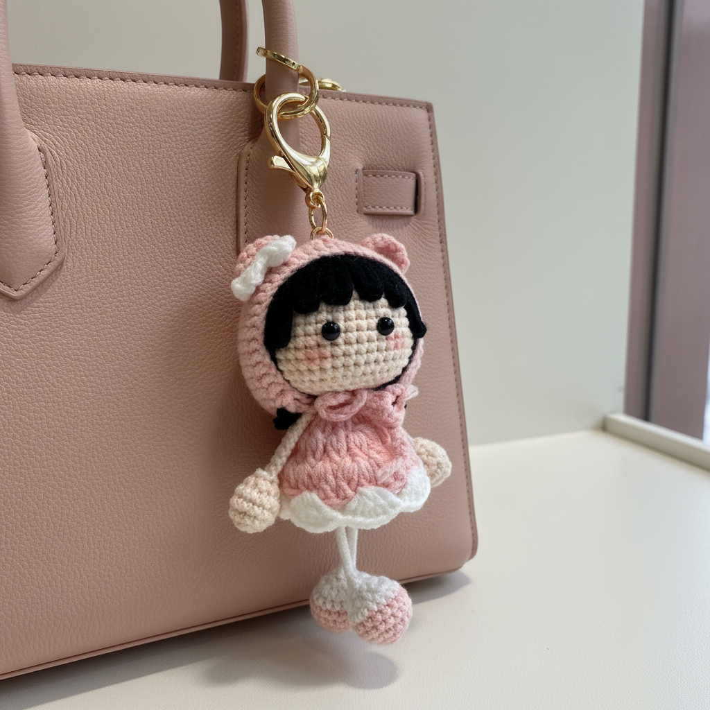 Handmade Crochet Bunny Girl Keychain – Pink Bunny Hoodie, Black Hair & Pompom Feet | 11cm Amigurumi Charm