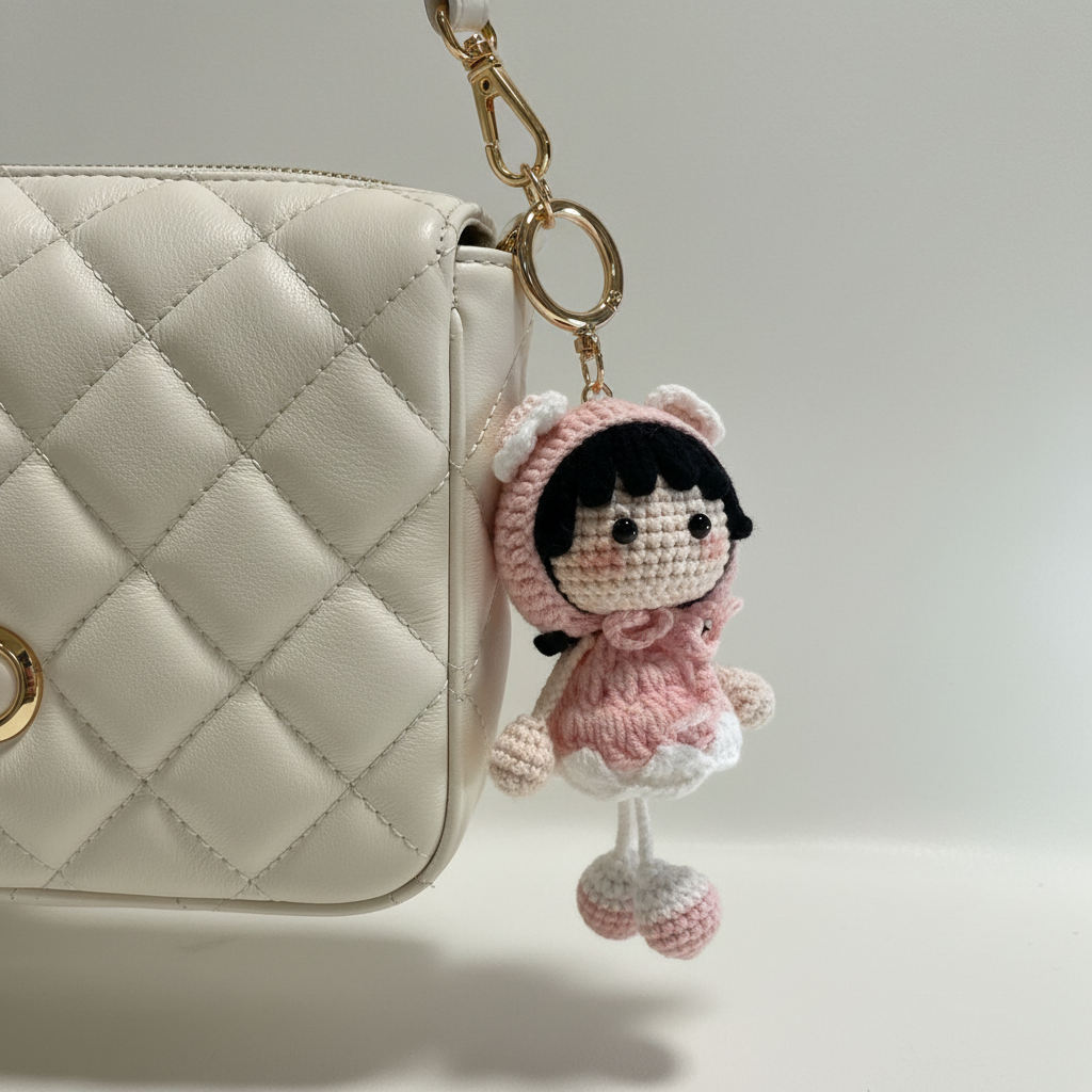 Handmade Crochet Bunny Girl Keychain – Pink Bunny Hoodie, Black Hair & Pompom Feet | 11cm Amigurumi Charm
