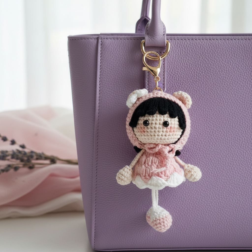 Handmade Crochet Bunny Girl Keychain – Pink Bunny Hoodie, Black Hair & Pompom Feet | 11cm Amigurumi Charm