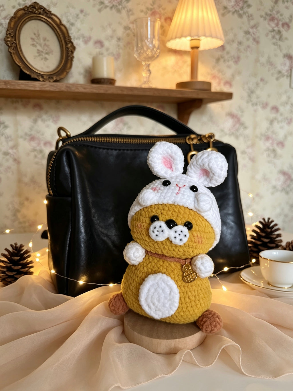Handmade Crochet Hamster Plush – Bunny Hoodie & Gold Charm | 12cm Amigurumi