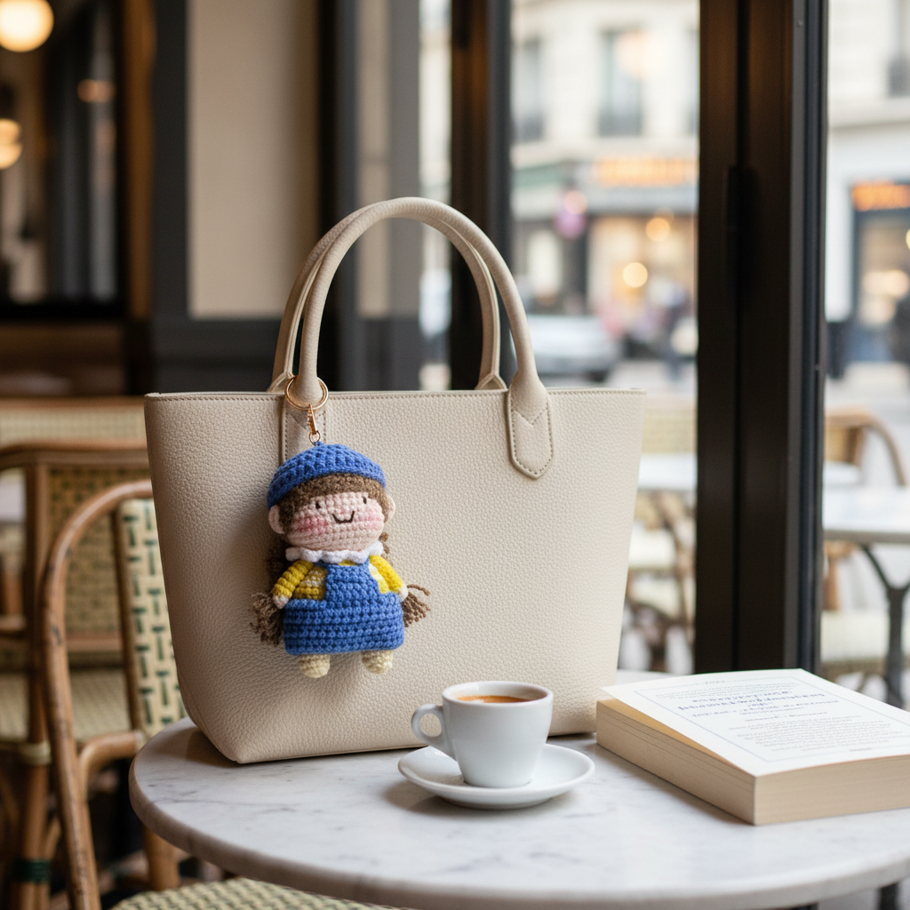 Handmade Crochet Girl Keychain – Blue Beret, Yellow Sweater & Pinafore Dress | 10cm Amigurumi Charm