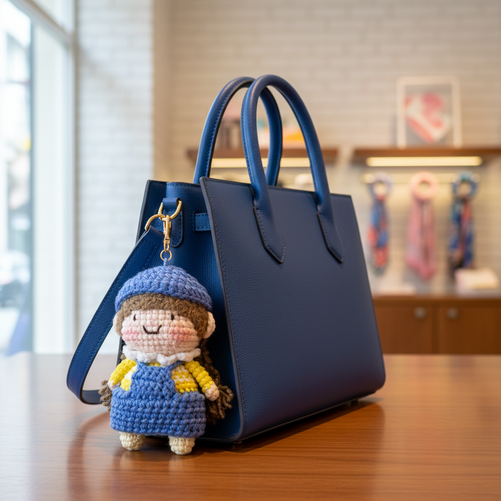 Handmade Crochet Girl Keychain – Blue Beret, Yellow Sweater & Pinafore Dress | 10cm Amigurumi Charm