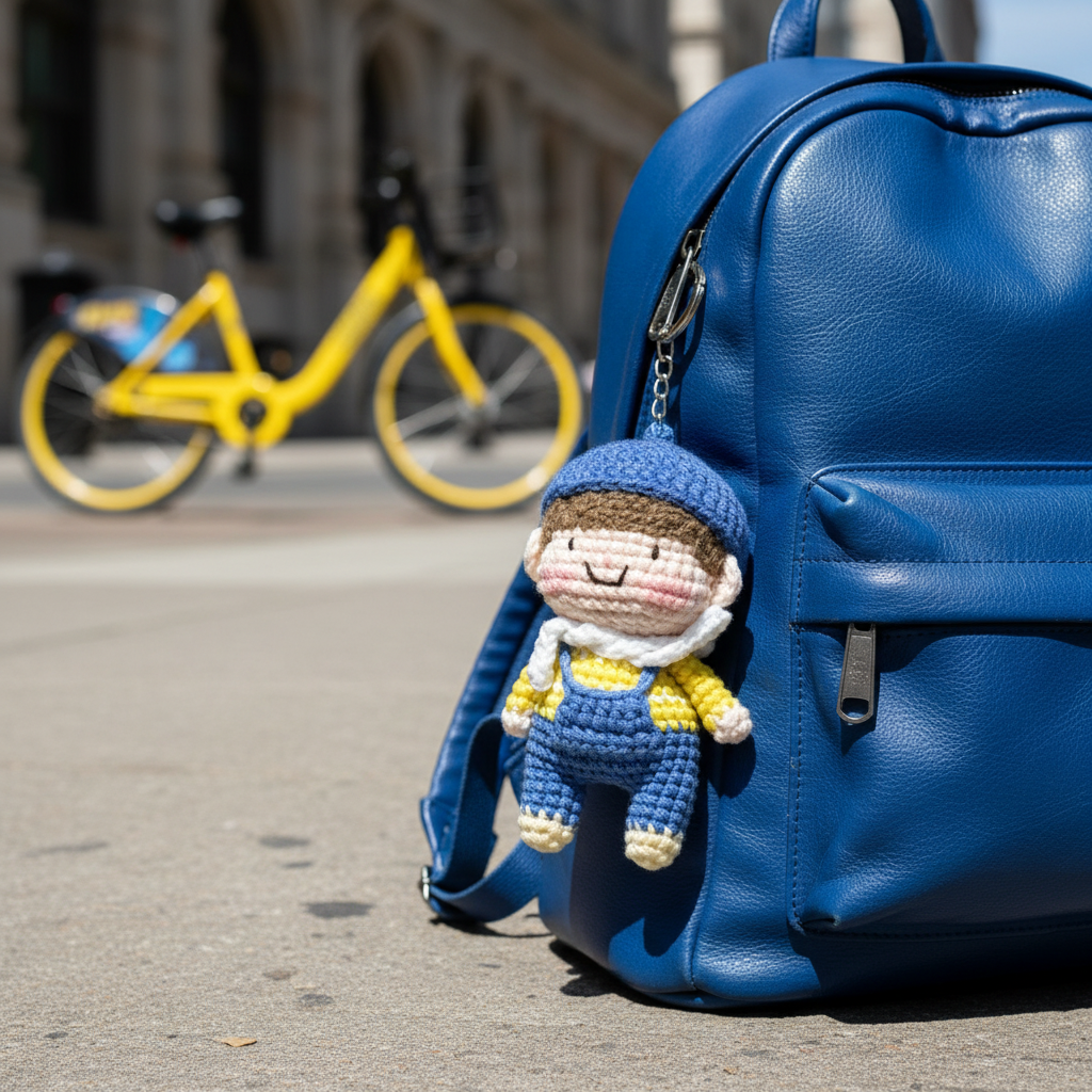 Handmade Crochet Boy Keychain – Blue Cap, Yellow Sweater & Denim Overalls | 10cm Amigurumi Charm
