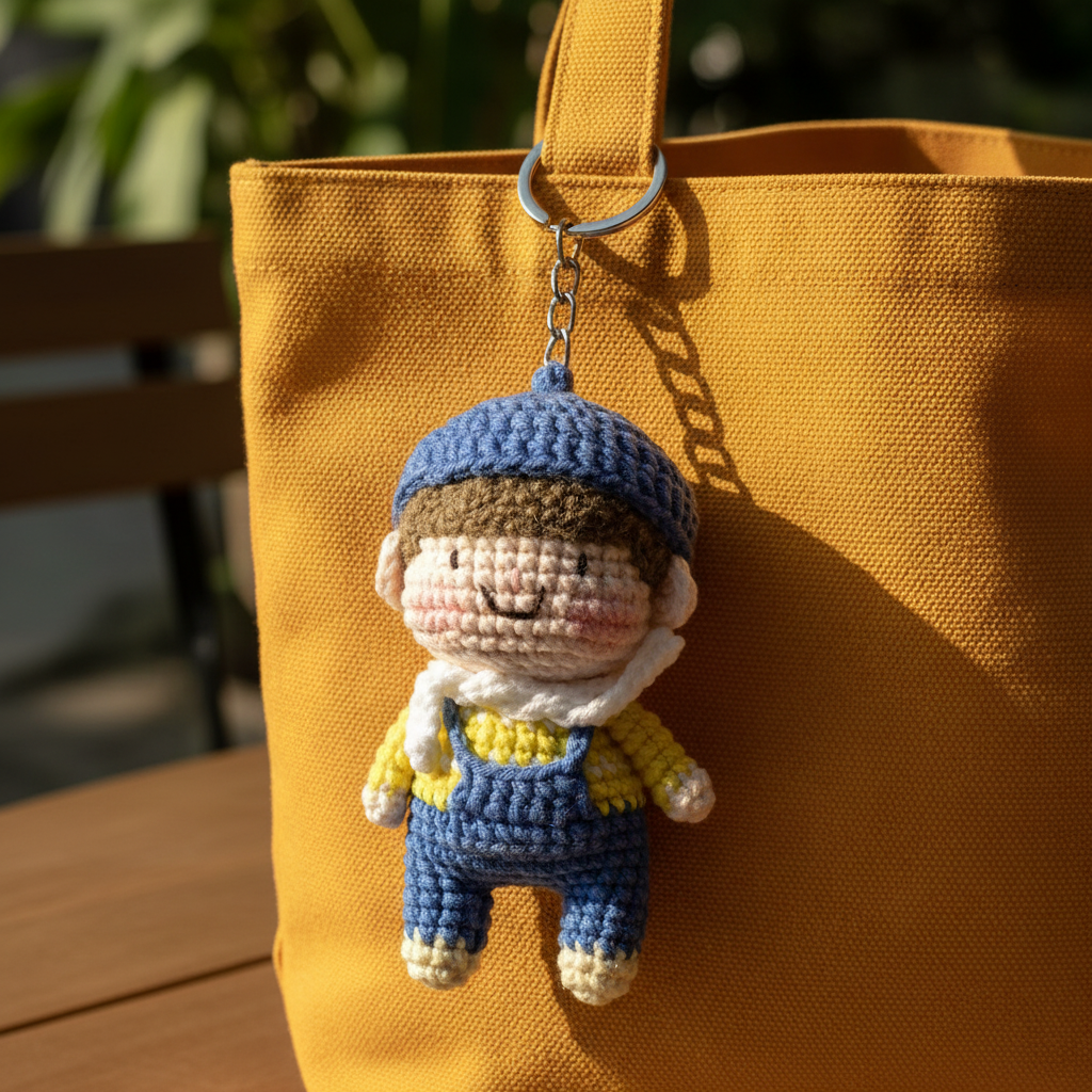 Handmade Crochet Boy Keychain – Blue Cap, Yellow Sweater & Denim Overalls | 10cm Amigurumi Charm